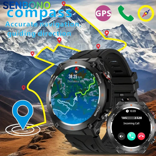 SENBONO New GPS Smart Watch 1.45” HD  Display Built-in GPS Bluetooth Phone Call/1ATM Waterproof Military Sports Smartwatch for Men