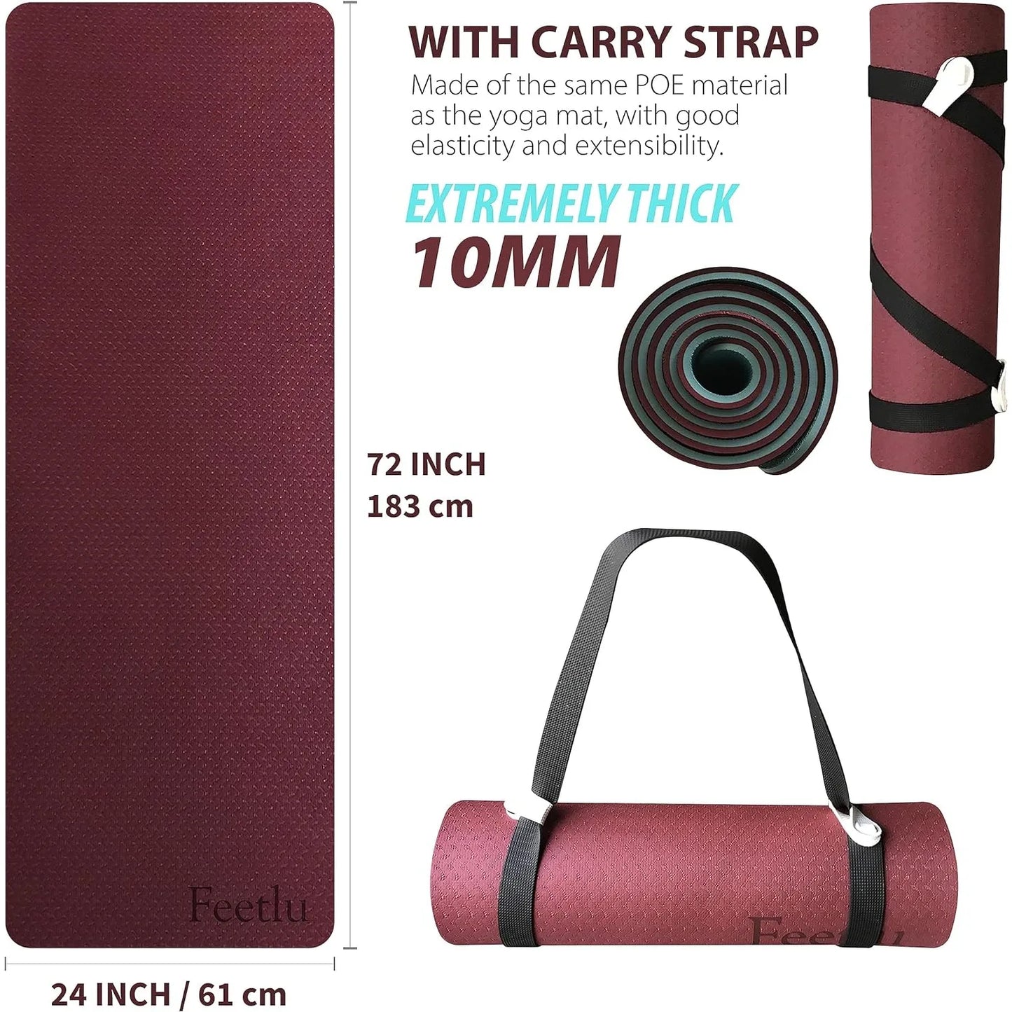 Yoga Mat with Strap 10mm & 12mm Thick Yoga Mat Non-Skid/Dual Surface Workout Mat Eco-Friendly POE Yoga Mats