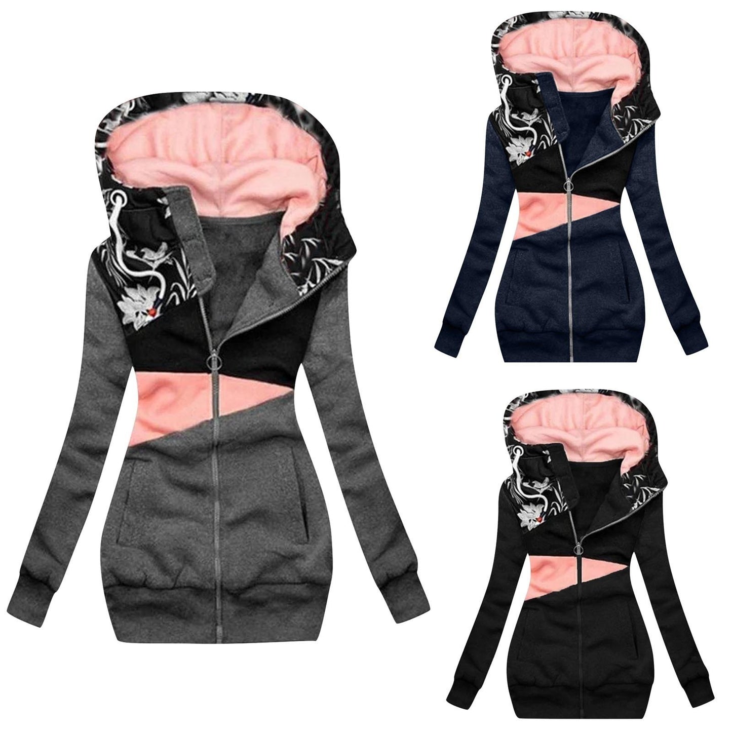 Jacket For Women Autumn Winter 2023 Sweatshirt Zipper Color Block Printed Coat Hooded Pullover Long Sleeve Jackets Ropa De Mujer