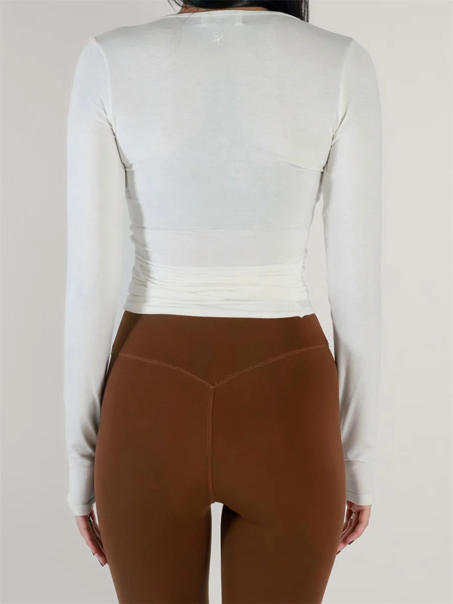 Women s Ballet Wrap Tops Solid Stylish V Neck Long Sleeve/Workout T-Shirt for Yoga and Pilates Practice