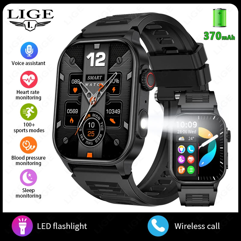 LIGE New Smart Watch LED Flashlight Military Sport Watches/2.01'' Screen Health Monitor Bluetooth Call Waterproof Smartwatch Men