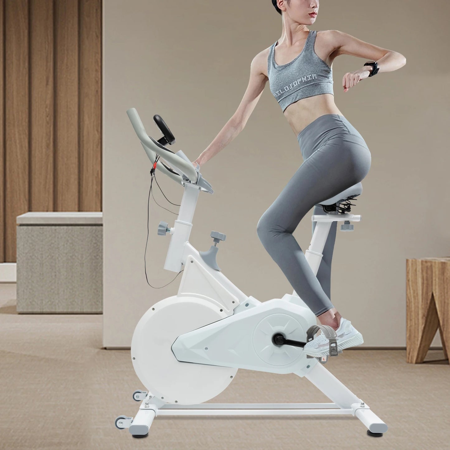 Indoor Fitness Bike White Exercise Bike Wool Pad Silent Braking/Adjustable Seat/Handle LCD Display, 80kg Capacity