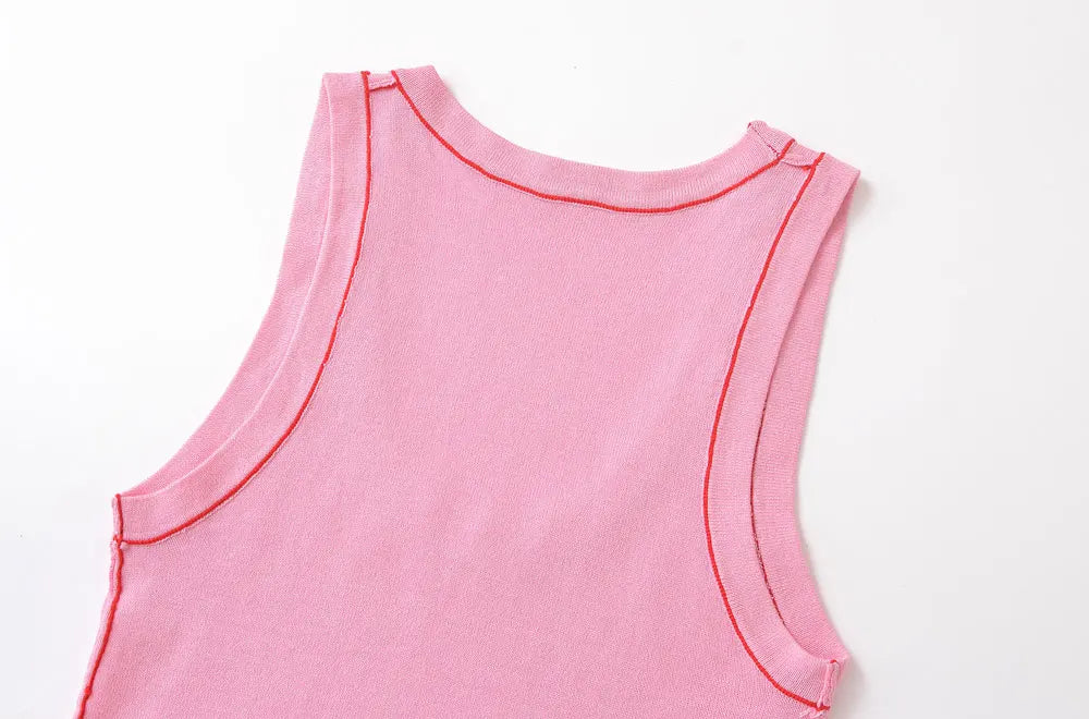 Women's Sleeveless Knit Tank Tops V Neck/Contrast Trims Female Vest Fashion