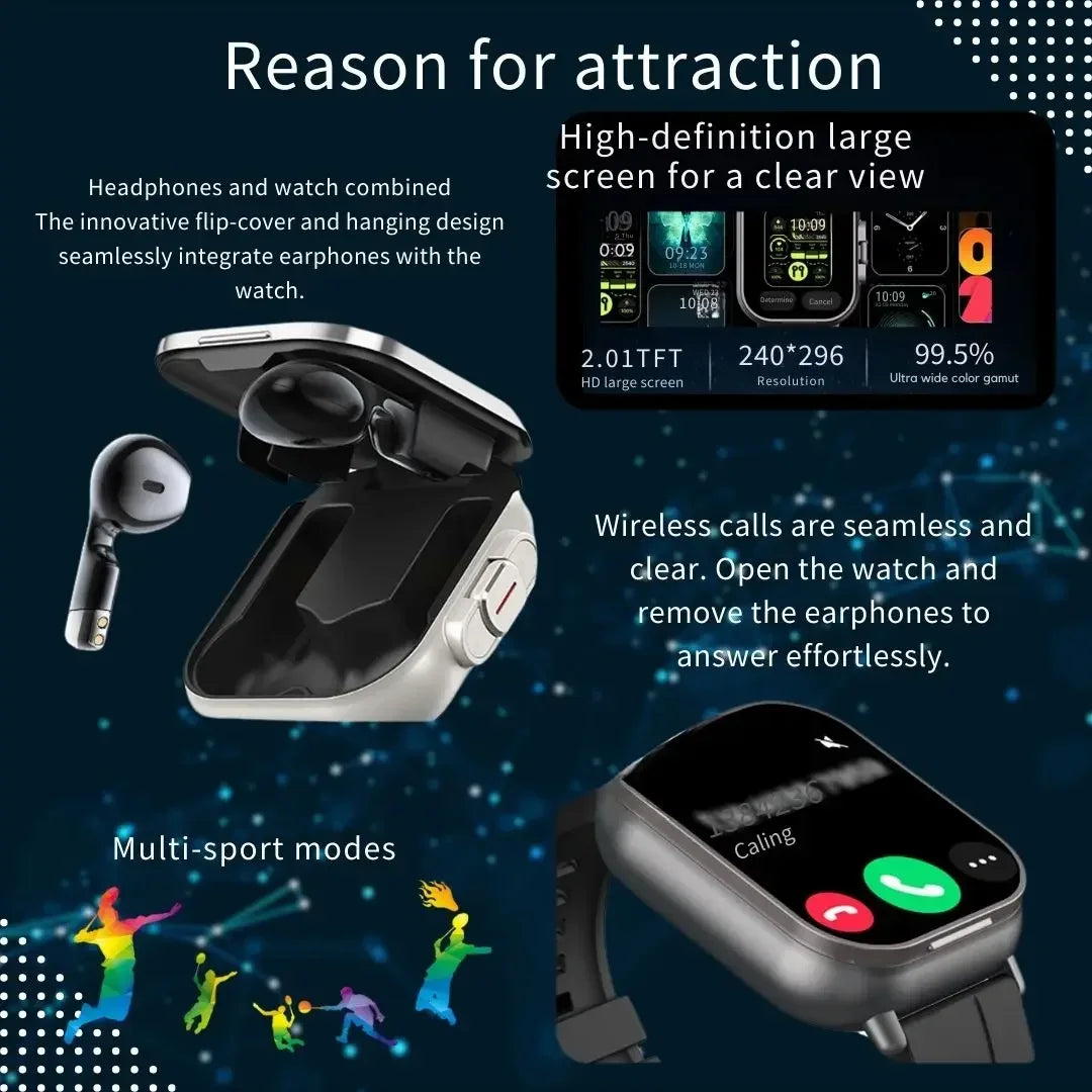 2025 D8 Smartwatch NFC Heart Rate Monitor Earbuds/Music Control Pedometer For iPhone Android