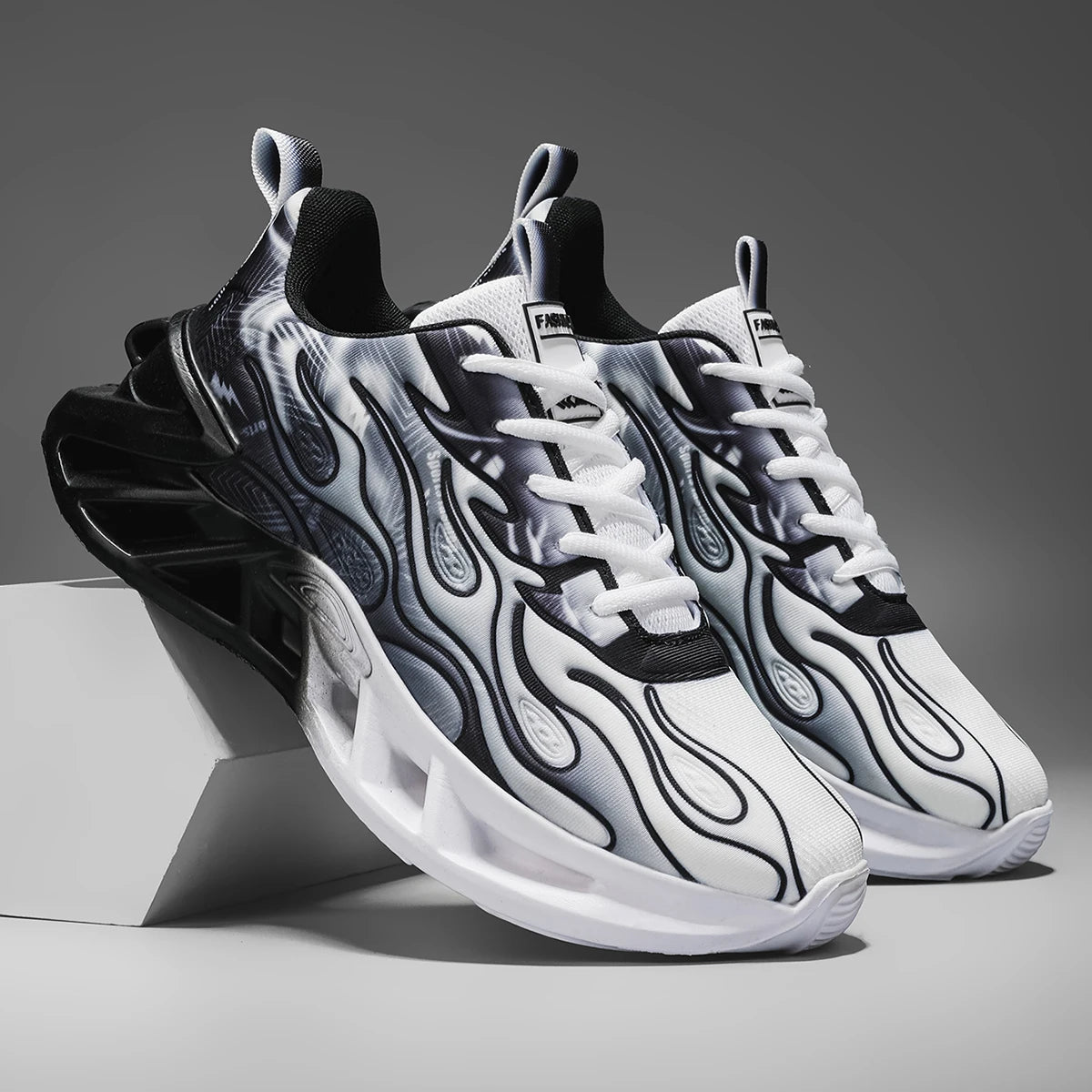 Women Flame Print Blade Chunky Sneakers Gradient Hollow Thick Sole/Breathable Mesh Lightweight Shock Absorb Lace Up Running Shoes