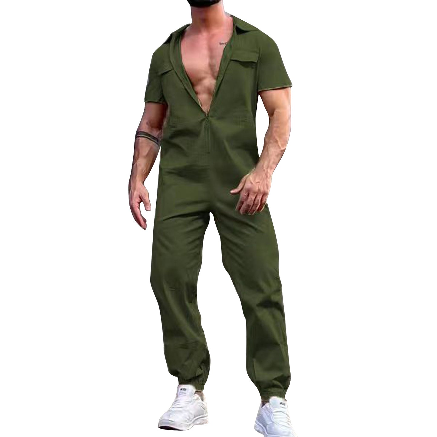 Men'S Casual Jumpsuit Zip Up Sports Trousers Belt Overalls Jumpsuit Summer Suit Soild Clothing For Men Loose Streetwear Hombre
