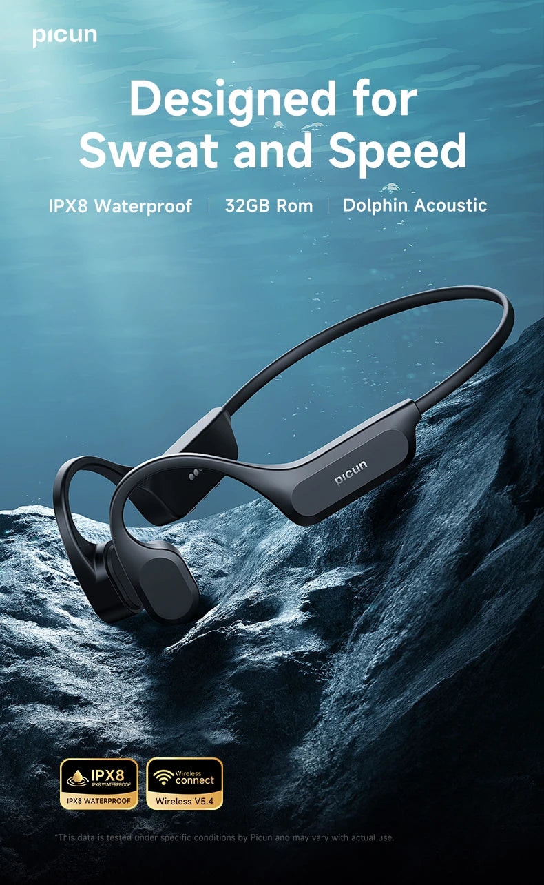 Picun T2 Bone Conduction Earphone IPX8 32GB Bluetooth 5.4 Wireless Headset/Hands-free with Mic Waterproof Earbud for Swimming