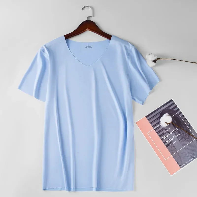 Ice Silk Men T-shirts Summer Seamless Sport Underwear Casual V-neck/Thin T-shirts Quick Dry Shirt Tops Bottoming Shirt for Men