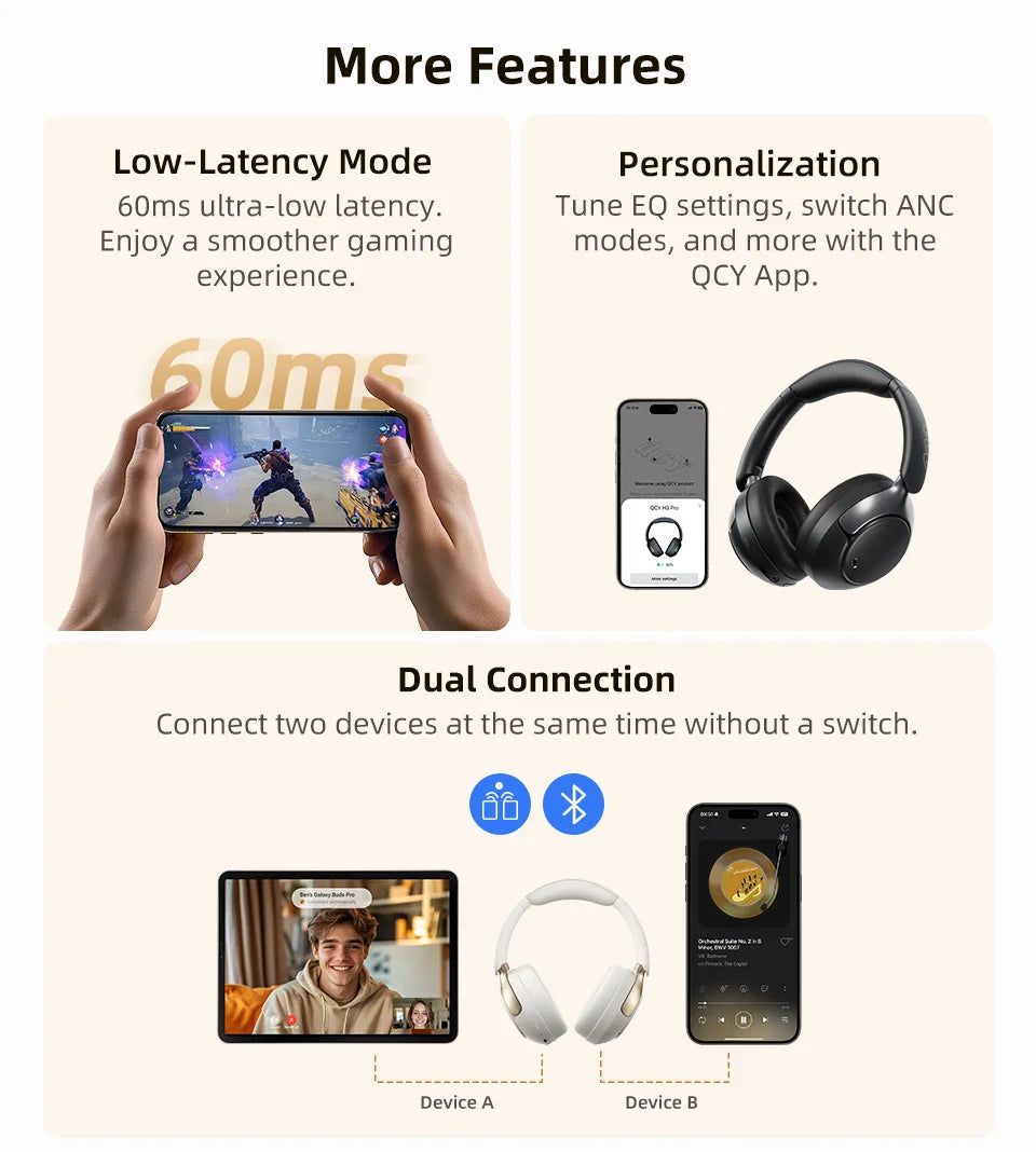 QCY H3 PRO Adaptive ANC Wireless Headphones Over Ear Headset/50dB with LDAC Hi-Res Wireless Audio Bluetooth 5.4 Dual Connection