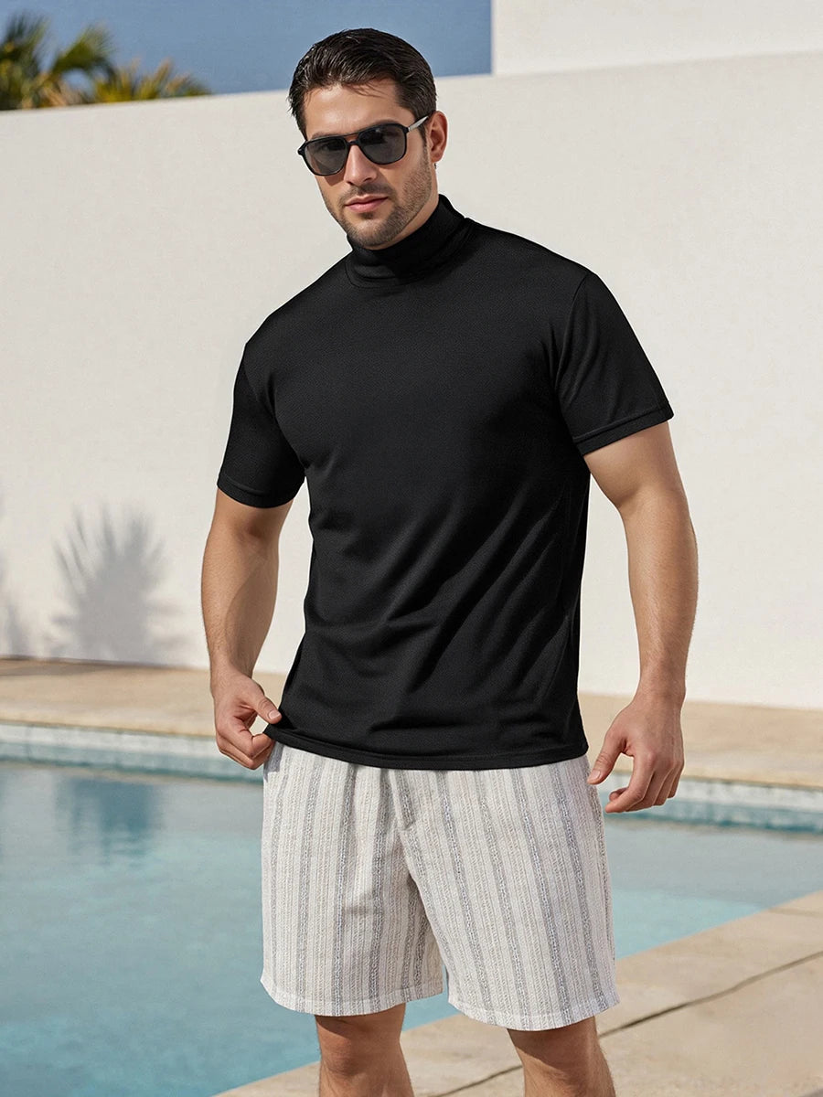 Men s Casual Short Sleeve T-Shirt Fit Solid Color High Neck Summer/Basic Tee Simple Tops for Everyday Wear