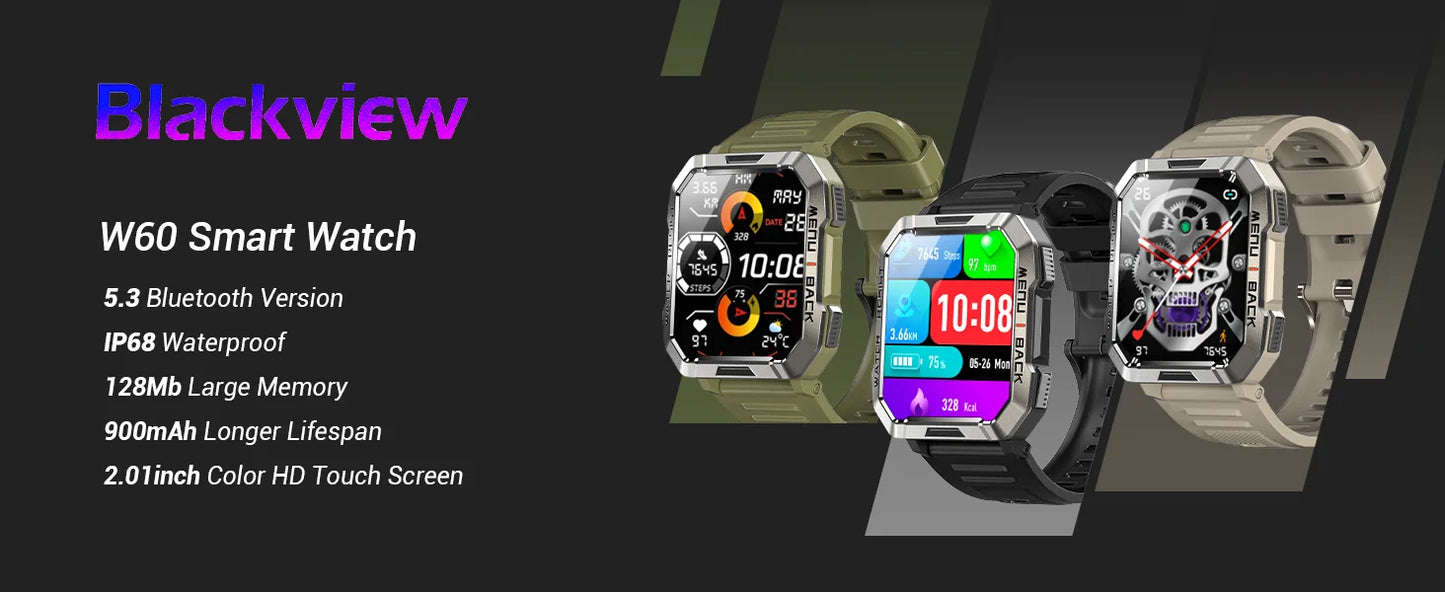 Blackview New Smart Watch 2.01'' HD Display Outdoor Men's Watches/with Emergency Lighting Bluetooth Call Waterproof Smartwatch