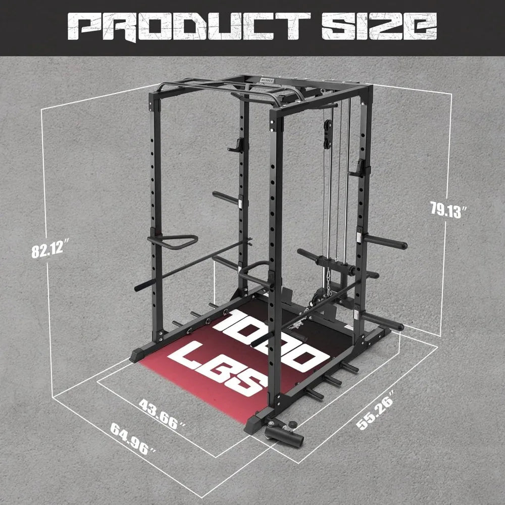 All-in-One Squat Rack, Multi-Function 1000 LBS Capacity Power Cage/with LAT Pulldown, Pulley System, Dip Bar, Fitness Equipment