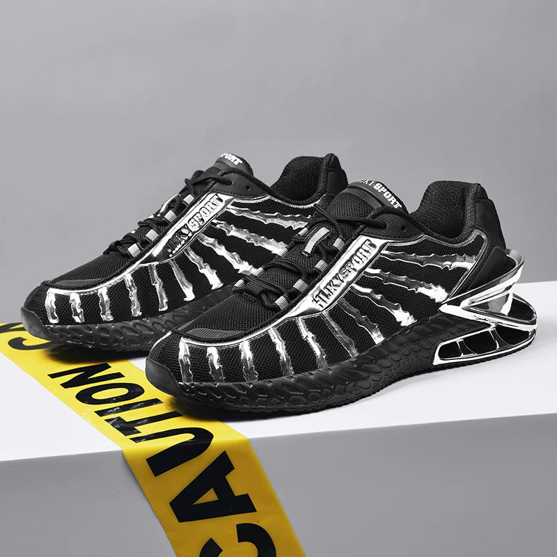 Men's air cushioned road running shoes, breathable weaving lightweight/and fashionable walking sports shoes, gold and silver