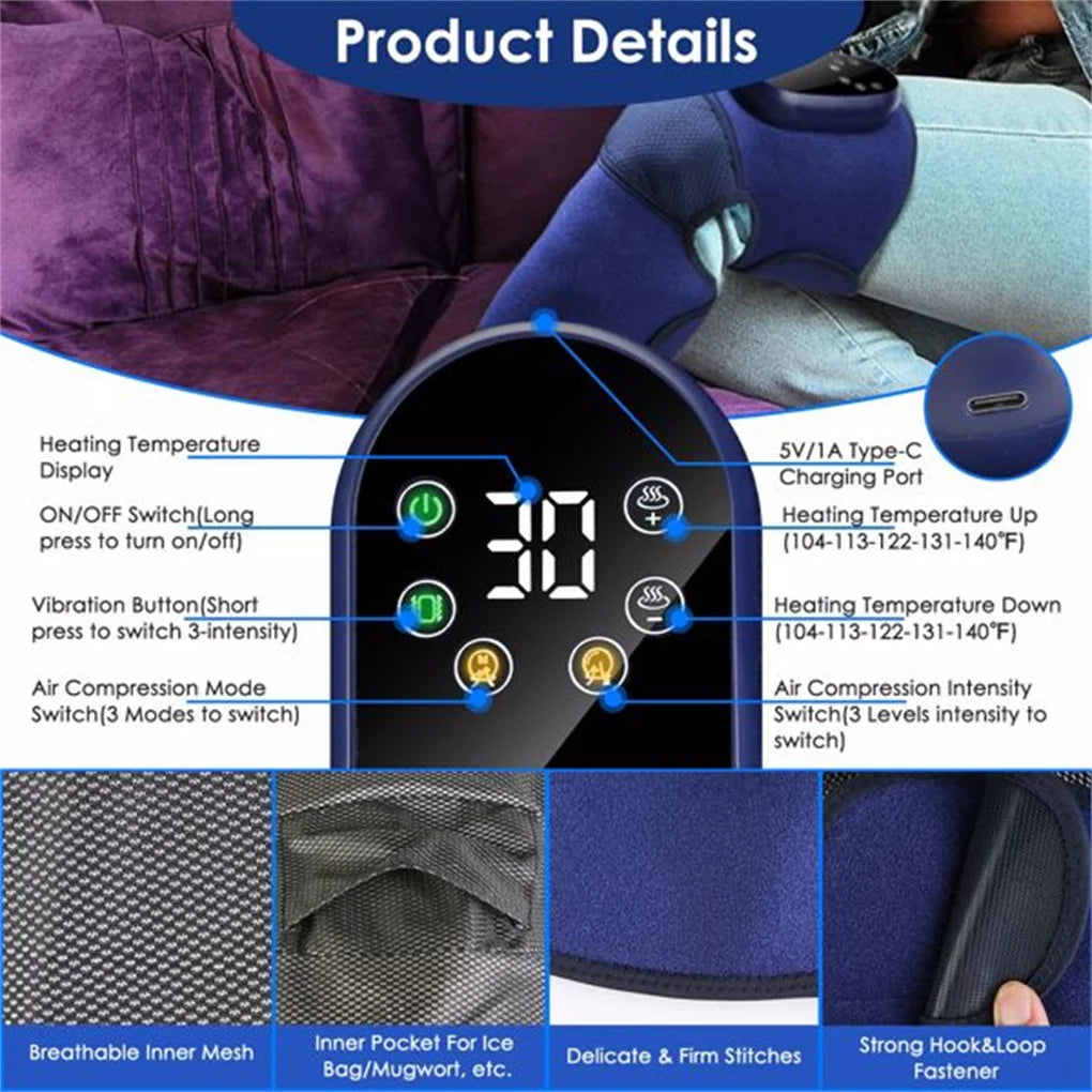 Cordless Knee Massager Heated Knee Brace Wrap Electric Knee Heating Pad/with 5-Level Heating 3-Level Vibration Air Compression