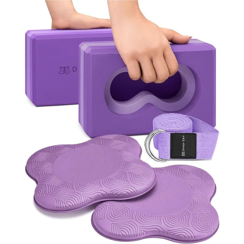 Deep-Zen® Yoga Blocks Wrist Support; Yoga Blocks 2 Pack with Knee Pads/and Strap to Put Less Weight on Wrists Durable