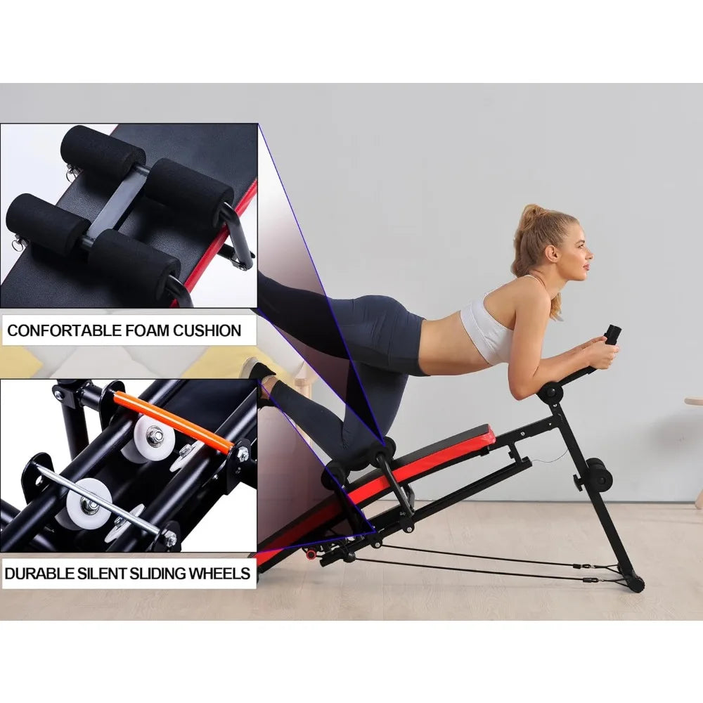 Abs workout machine, core abs workout equipment/adjustable sit-ups, collapsible, resistance band and LCD display