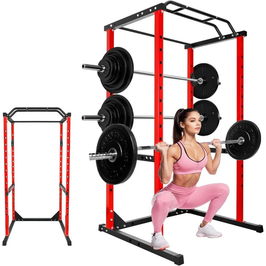Squat Rack 1200LB Capacity, Fitness Power Cage with Adjustable Pull Up Bar/J Hooks, Multi-Functional Weight Bench for Home Gym