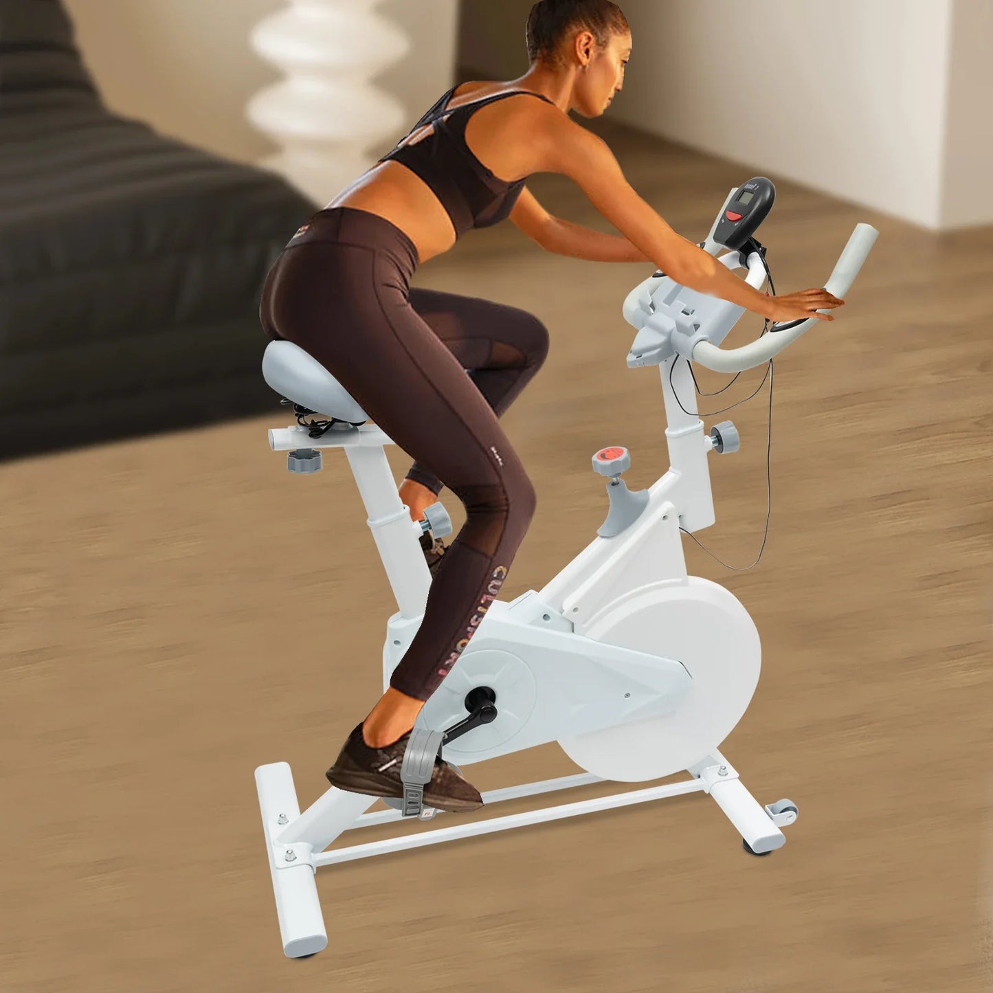 Indoor Fitness Bike White Exercise Bike Wool Pad Silent Braking/Adjustable Seat/Handle LCD Display, 80kg Capacity