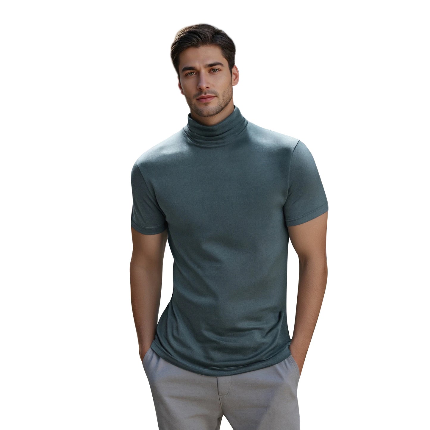 Men s Casual Short Sleeve T-Shirt Fit Solid Color High Neck Summer/Basic Tee Simple Tops for Everyday Wear