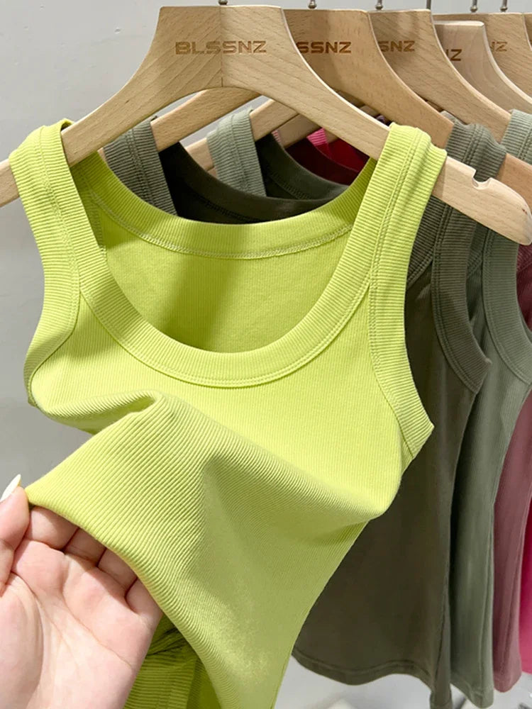 zjaiss Women Solid Round Neck Ribbed Tank Top Camisole Women/Summer Basic Elastic Tank Top O Neck Solid Tank Top