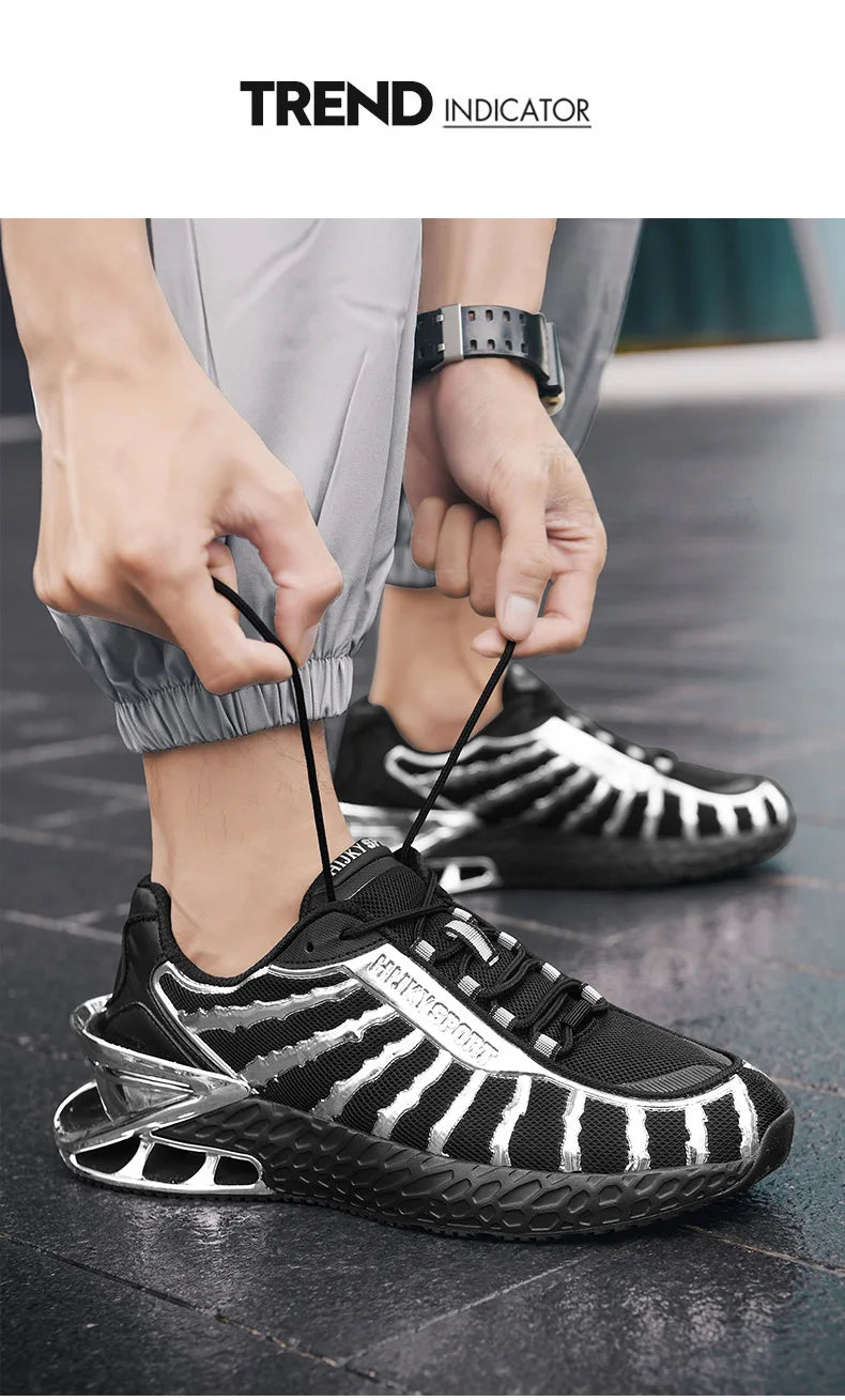 Men's air cushioned road running shoes, breathable weaving lightweight/and fashionable walking sports shoes, gold and silver