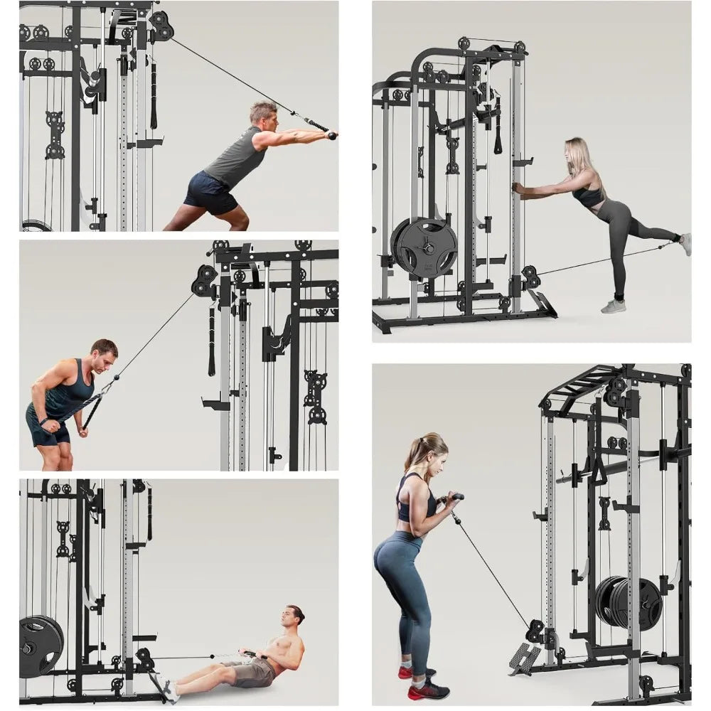 Multifunctional Power Cage Rack with Smith Bar and Cable Pulley System/and LAT Pull Down Machine, Integrated Fitness Equipment