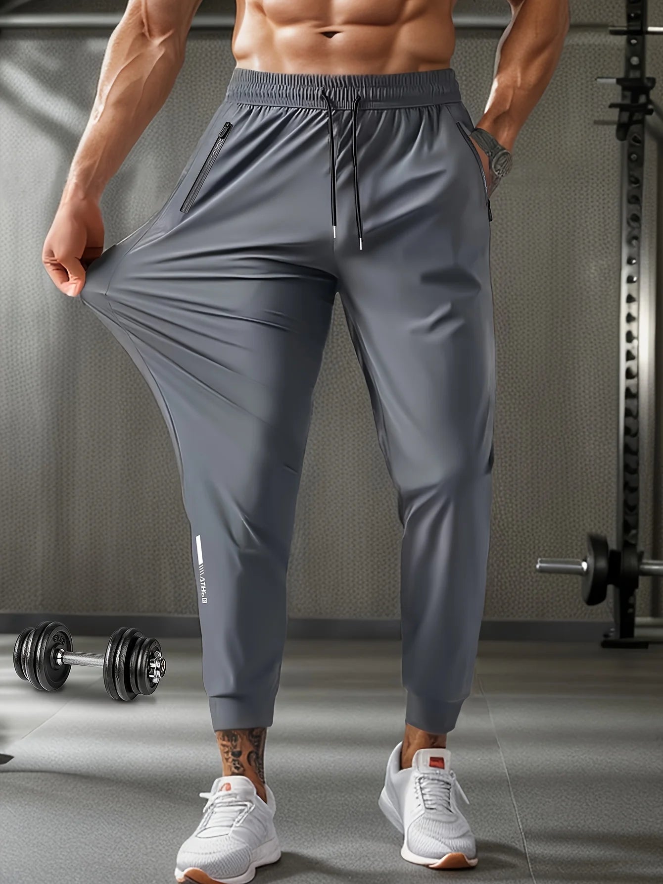 Men's Waist Drawstring Quick-drying High Elasticity Solid Color/Sports Training Outdoor Long Pants With Zipper Pockets