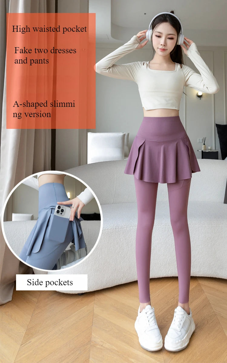 Women Fake Two Pieces Leggings Seamless Fitness Leggings High Waist/with Pocket Elastic Slim Fashion Hip Lifting Yoga Pants