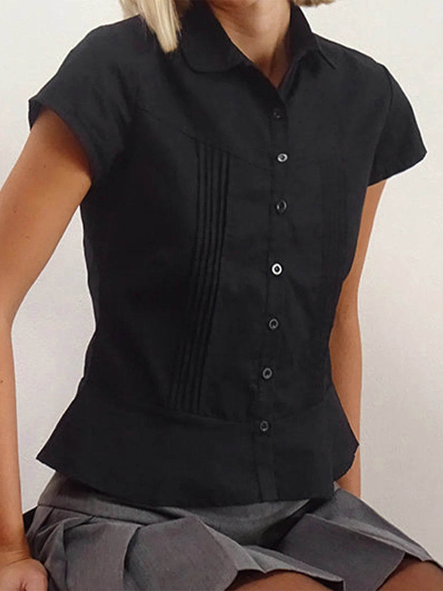 Women s Casual V-Neck T-Shirt Loose Fit Short Sleeve Solid Color/Button Down Pleated Blouse Summer Tops for Ladies