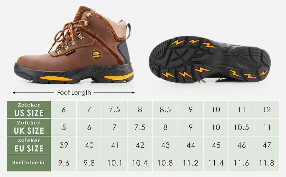 Zoleker Hike Boots for Men Soft Toe/Slip Resistant Safety Shoes Waterproof Anti-Fatigue Brown