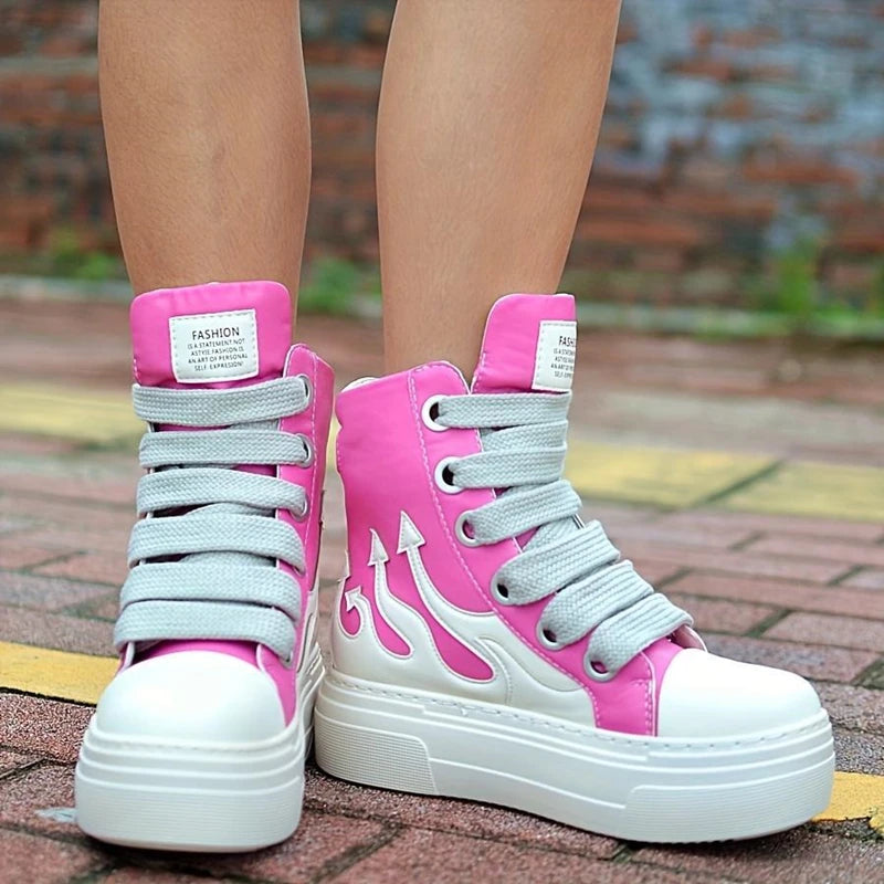 Women's High Top Flame Sports Shoes Wide Lace Up Casual Sneakers/For Woman Flat Platform Ladies Embroider Sneakers Girls Tennis