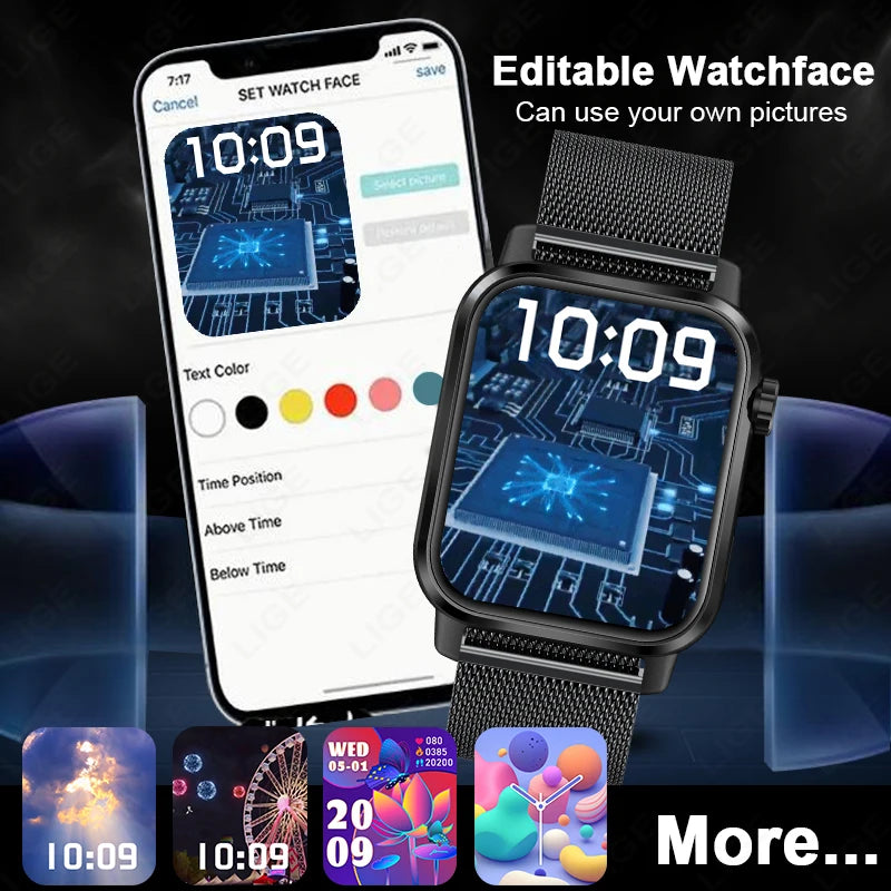 LIGE New Smart Watch 1.85''HD Screen Men Watches 3D Dial Bluetooth Call/Sport Fitness Tracker Men Smartwatch With LED Flashlight