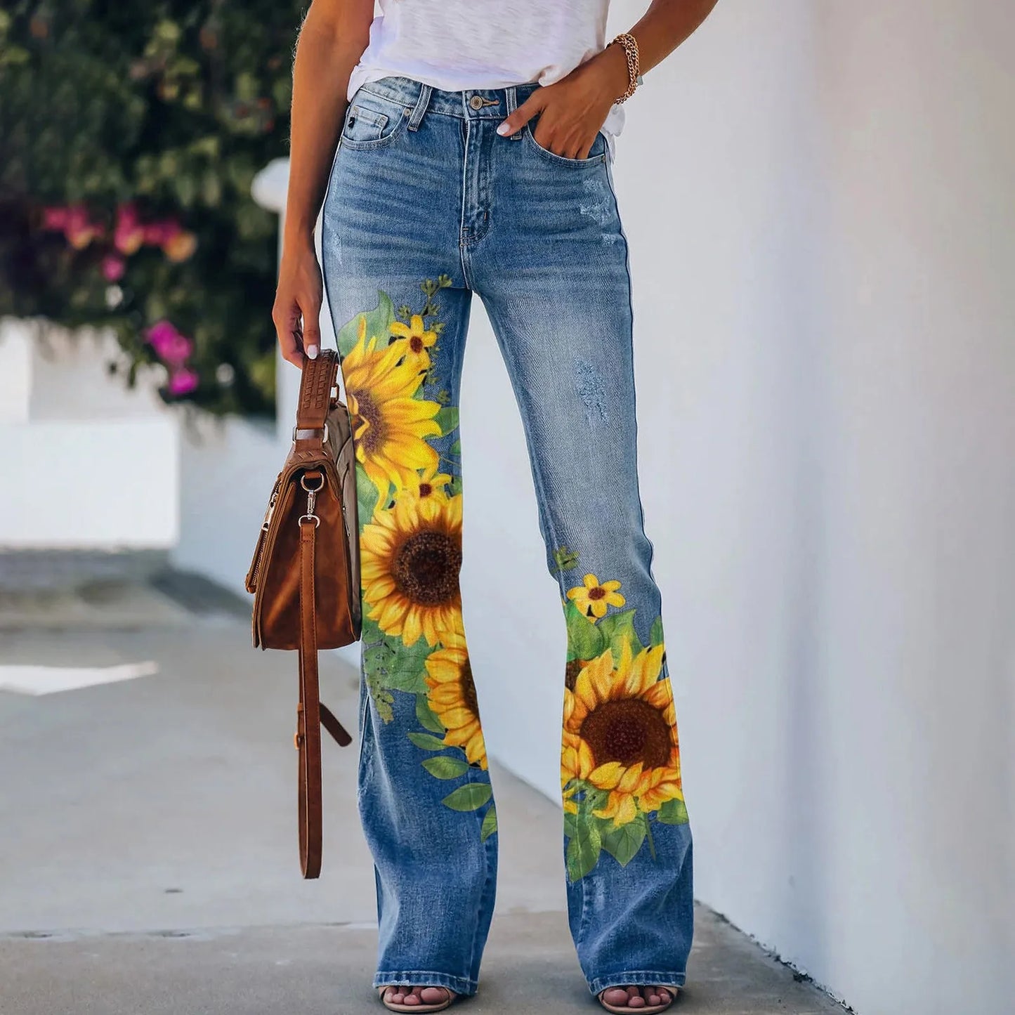 Y2K Ladies Retro Flared Pants Baggy Jeans Women/Floral Printed Slim-Fit Denim Trousers