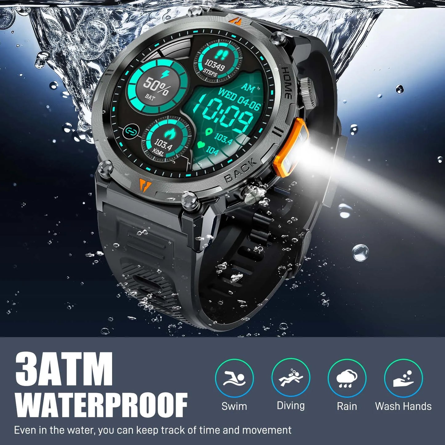 EIGIIS KE3 Bluetooth Call Smart Watch Full Touch Screen/Health Monitor Clock With Flashlight Smart Watch For IOS Android