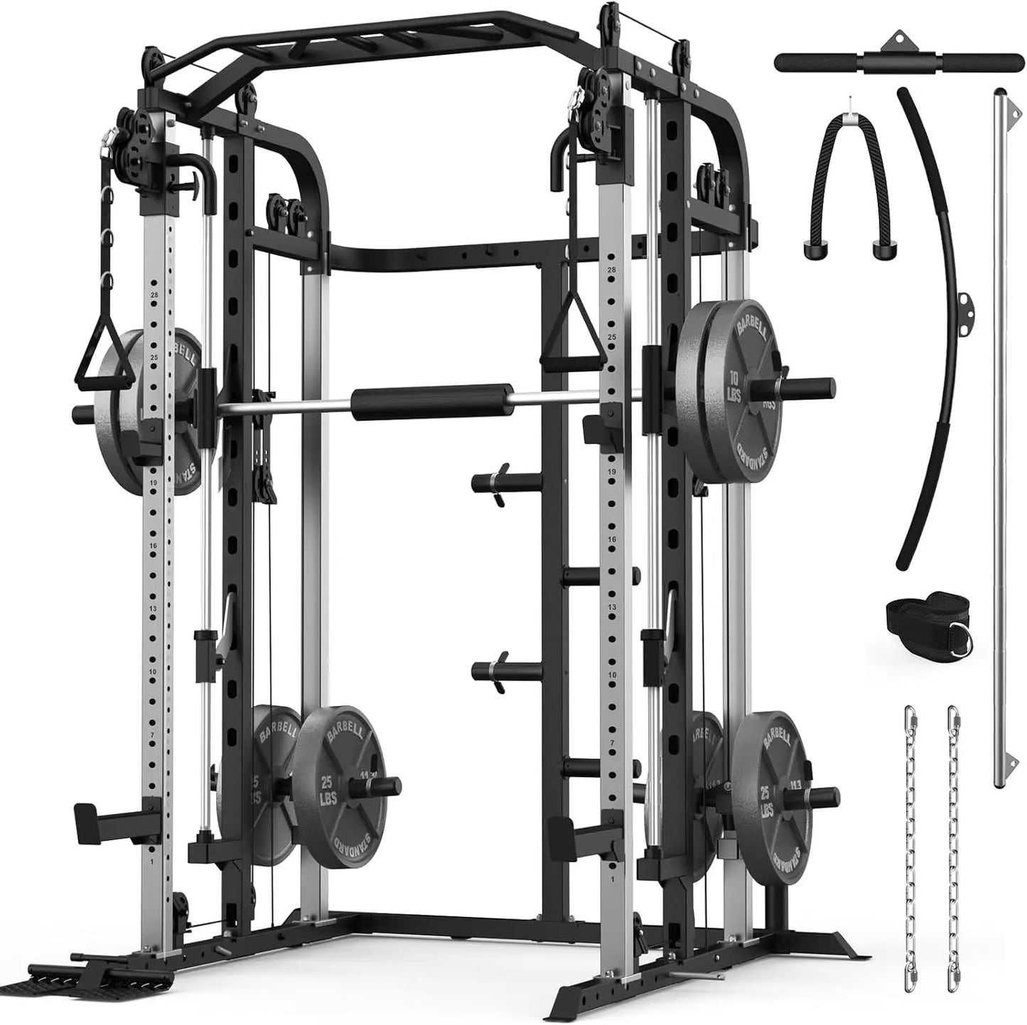 Multifunctional Power Cage Rack with Smith Bar and Cable Pulley System/and LAT Pull Down Machine, Integrated Fitness Equipment