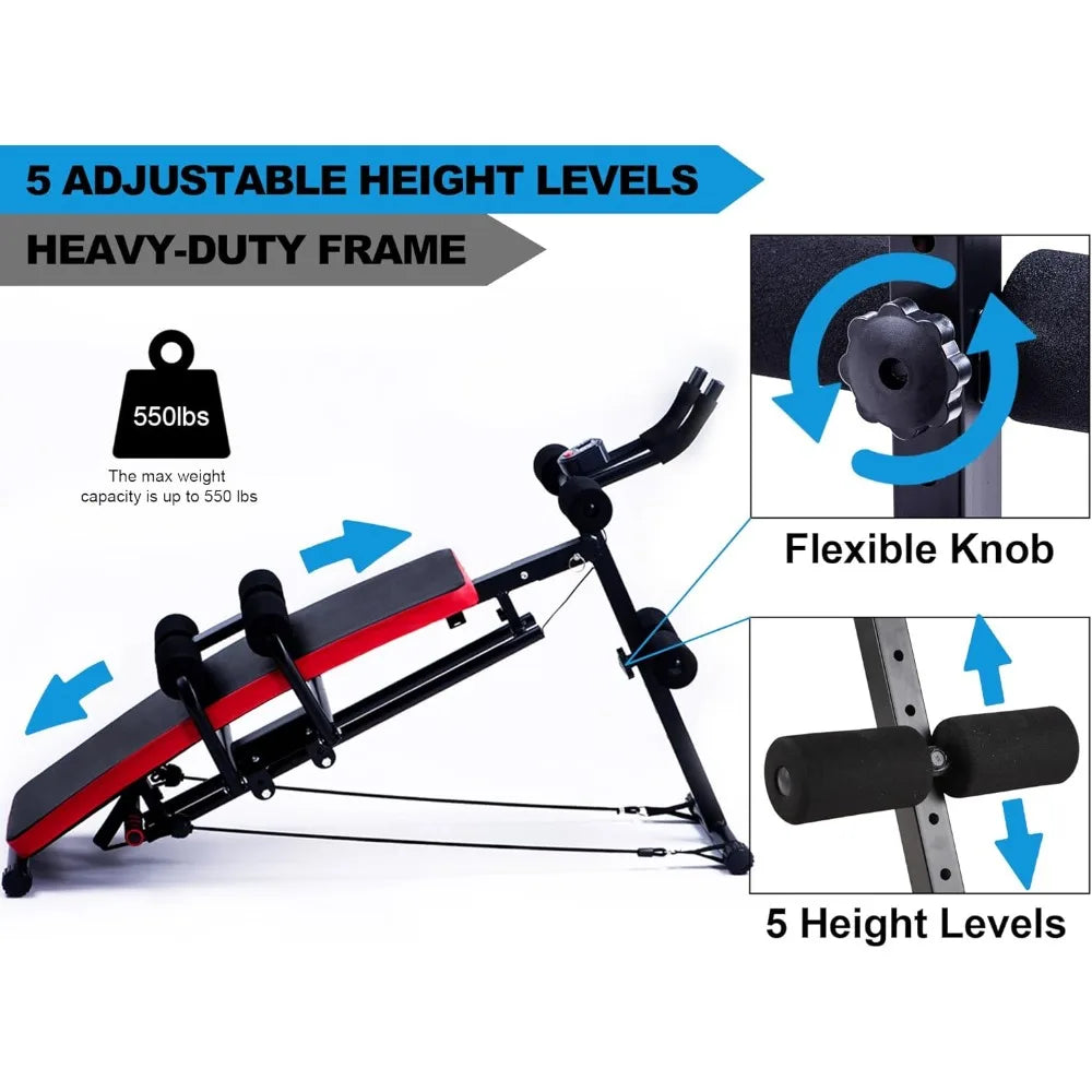 Abs workout machine, core abs workout equipment/adjustable sit-ups, collapsible, resistance band and LCD display