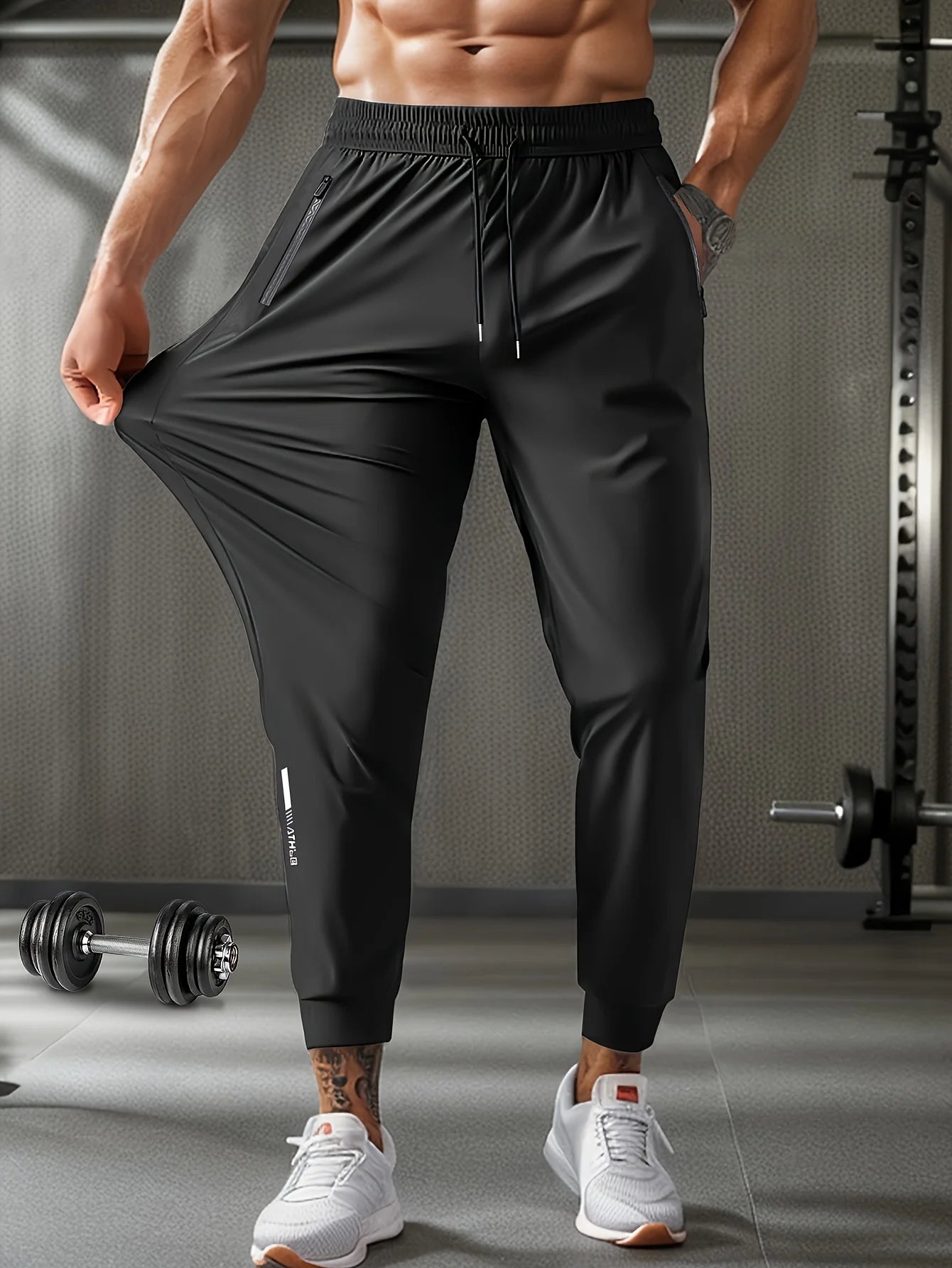 Men's Waist Drawstring Quick-drying High Elasticity Solid Color/Sports Training Outdoor Long Pants With Zipper Pockets