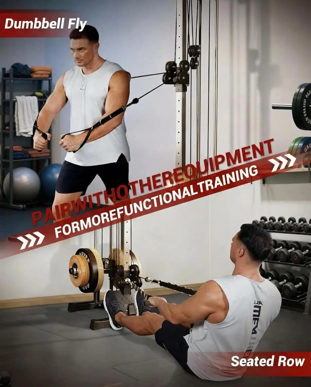 Wall Mount Cable Station Dual Pulley Cable Crossover Machine/LAT Pulldown Bar & Foot Board for Home Gym Strength Training