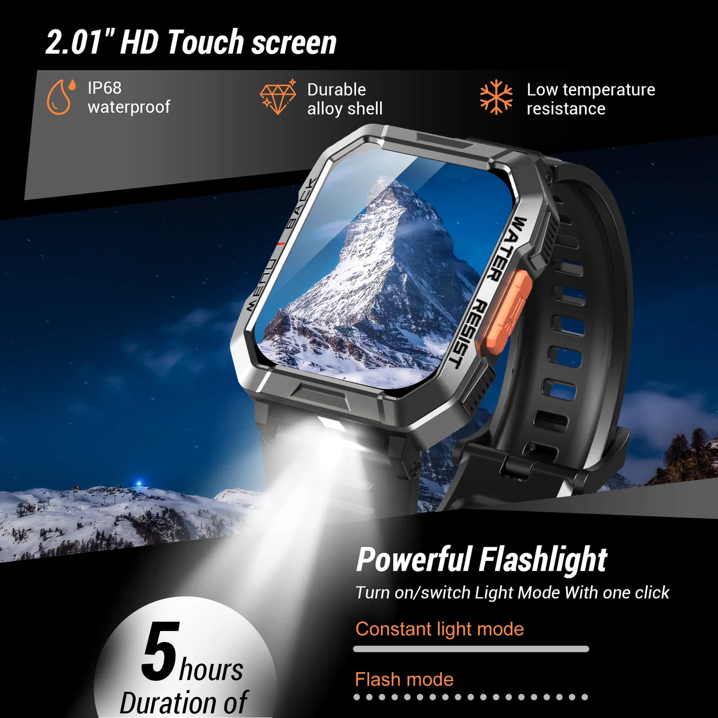 Blackview New Smart Watch 2.01'' HD Display Outdoor Men's Watches/with Emergency Lighting Bluetooth Call Waterproof Smartwatch