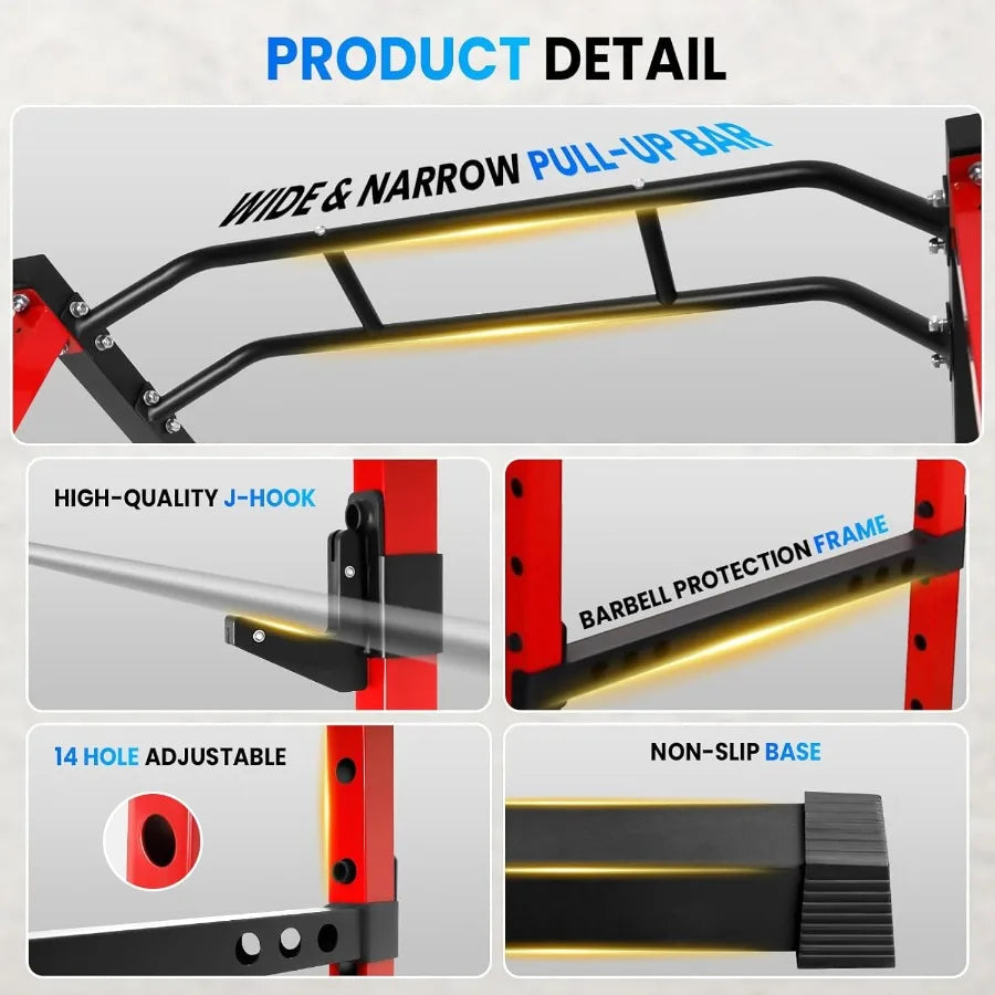 Squat Rack 1200LB Capacity, Fitness Power Cage with Adjustable Pull Up Bar/J Hooks, Multi-Functional Weight Bench for Home Gym