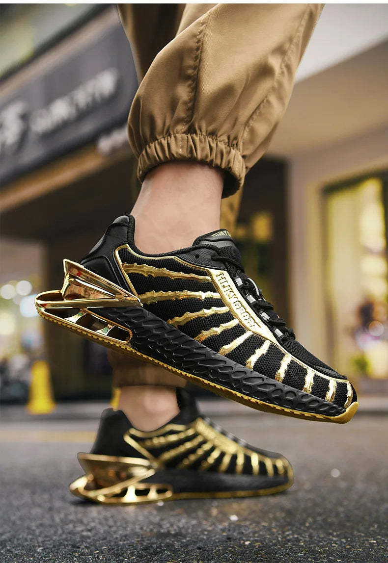 Men's air cushioned road running shoes, breathable weaving lightweight/and fashionable walking sports shoes, gold and silver