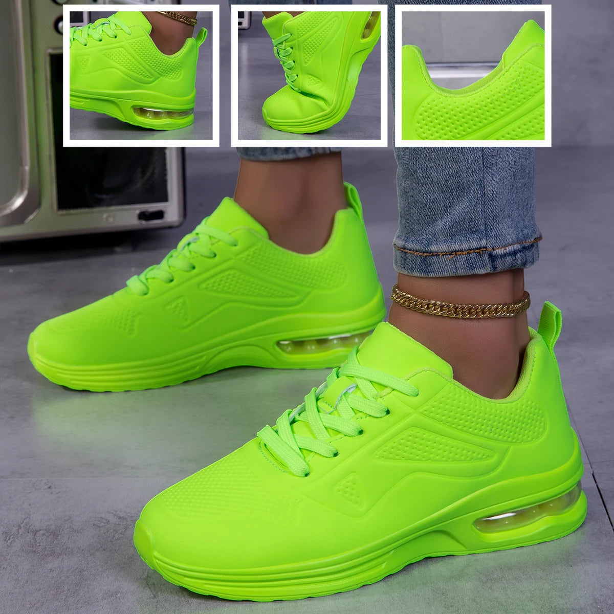 Women Solid Color Air Cushion Walking Sneakers Breathable/Soft Upper Shock Absorb Non Slip Lace Up Lightweight Sports Shoes Gym
