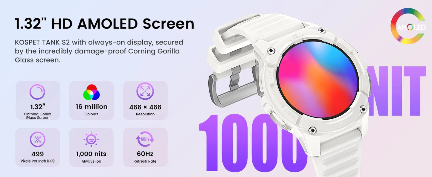 2024 KOSPET TANK S2 GPS Smart Watch For Women Altimeter Compass/Bluetooth Call AMOLED IP69K Waterproof Smartwatch