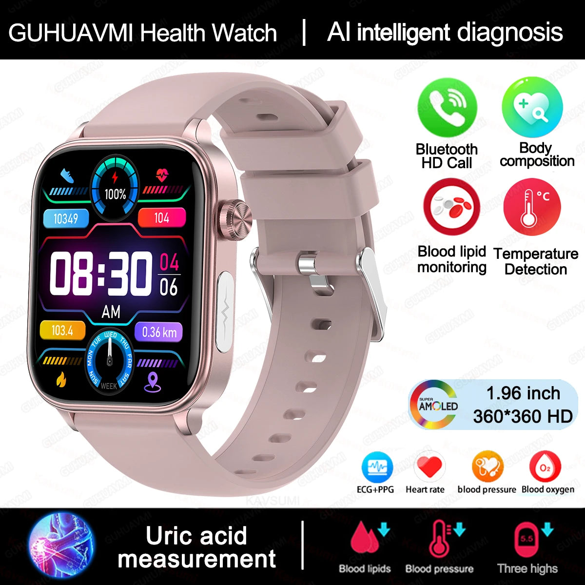 New Al Science Diagnosis Blood Lipids Uric Acid Blood Oxygen/Smart Watch Men ECG+PPG Voice Bluetooth Call Health Smartwatch