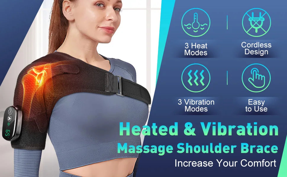 Electric Heating Shoulder Massager Brace Joint Vibration/Arthritis Pain Relief LED Smart Controller Adjustable Support Belt
