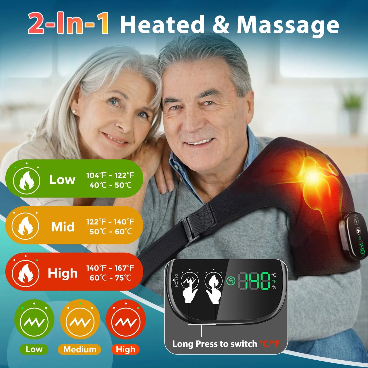 Electric Heating Shoulder Massager Brace Joint Vibration/Arthritis Pain Relief LED Smart Controller Adjustable Support Belt