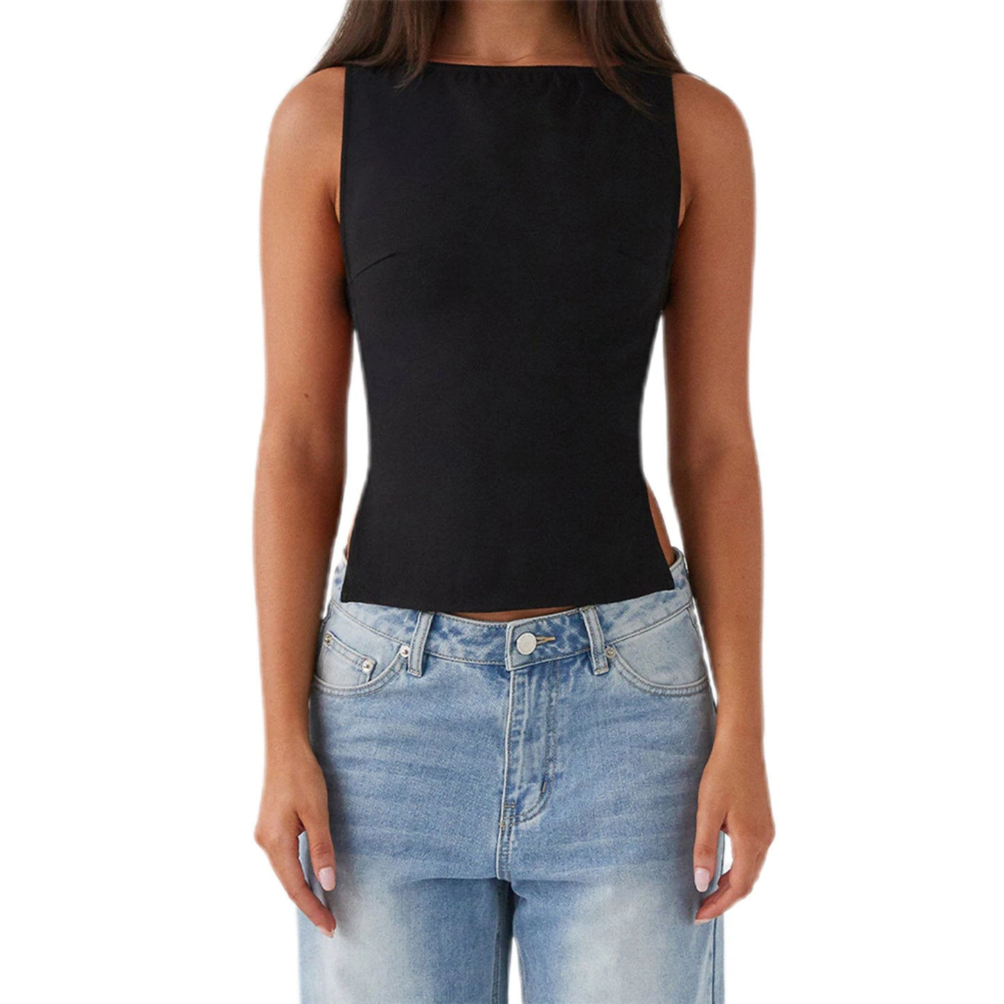 Women s Sleeveless Boat Neck Tank Tops/with Side Buckle Detail Solid Color Fit Vest for Summer Style