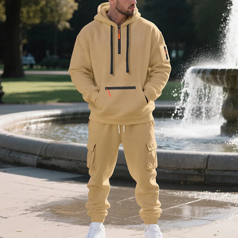 Men's sports suit style autumn and winter fleece men's casual/sportswear zipper sweater multi-pocket work pants suit