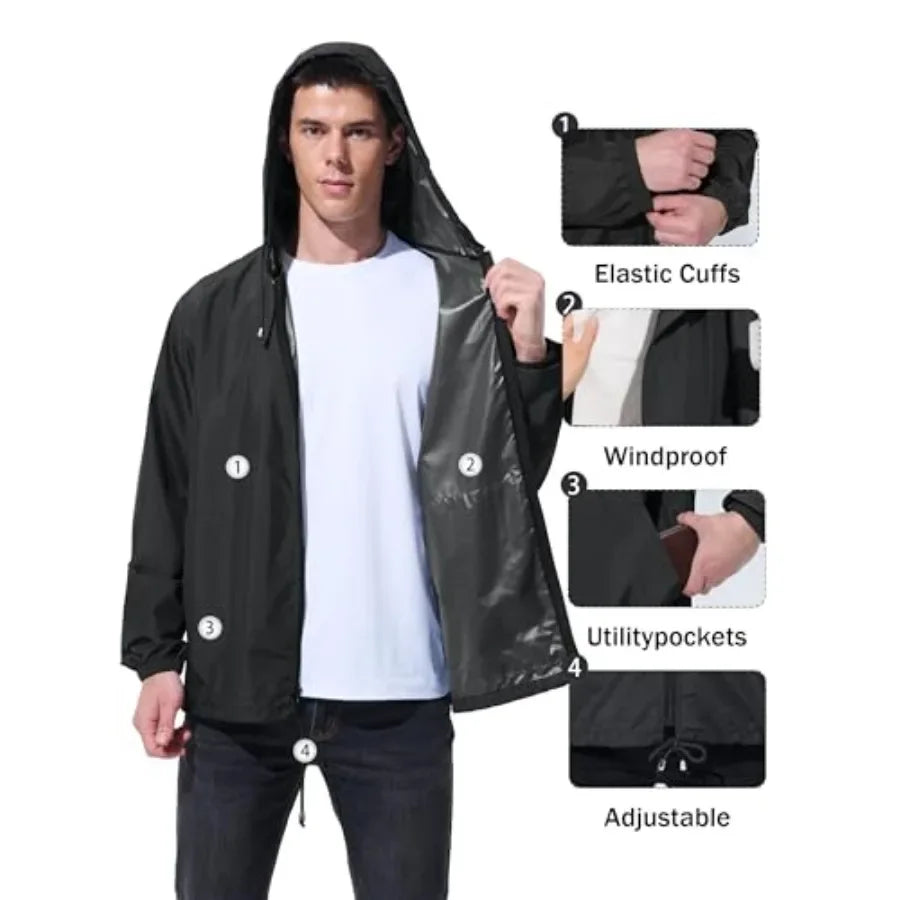 UIQUR Men's Rain Jacket Raincoat Windbreaker Running Waterproof/Lightweight Packable with Hood Travel Hiking Cycling