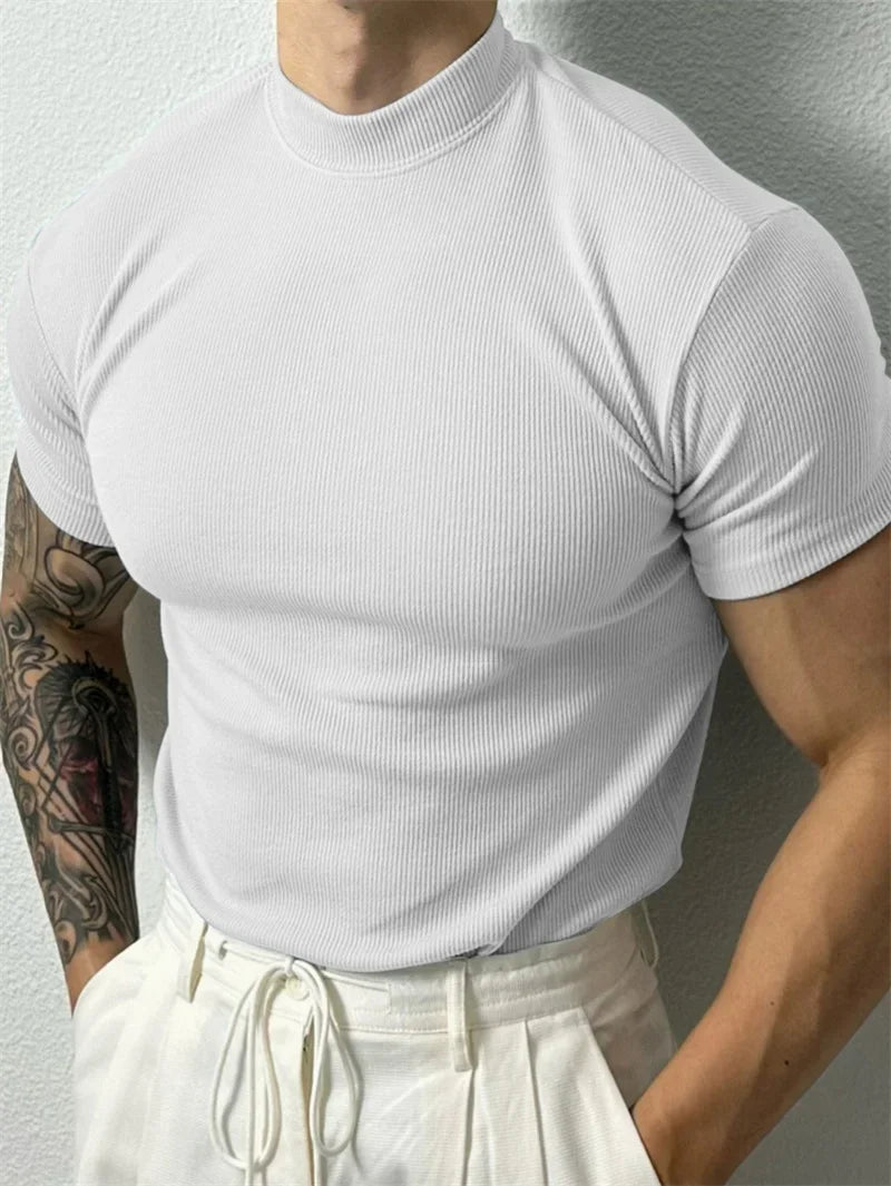 spring summer fashion Men's T-shirt Small high collar stripe shirt/short sleeve fitness top leisure sport T-shirt Men sportswear